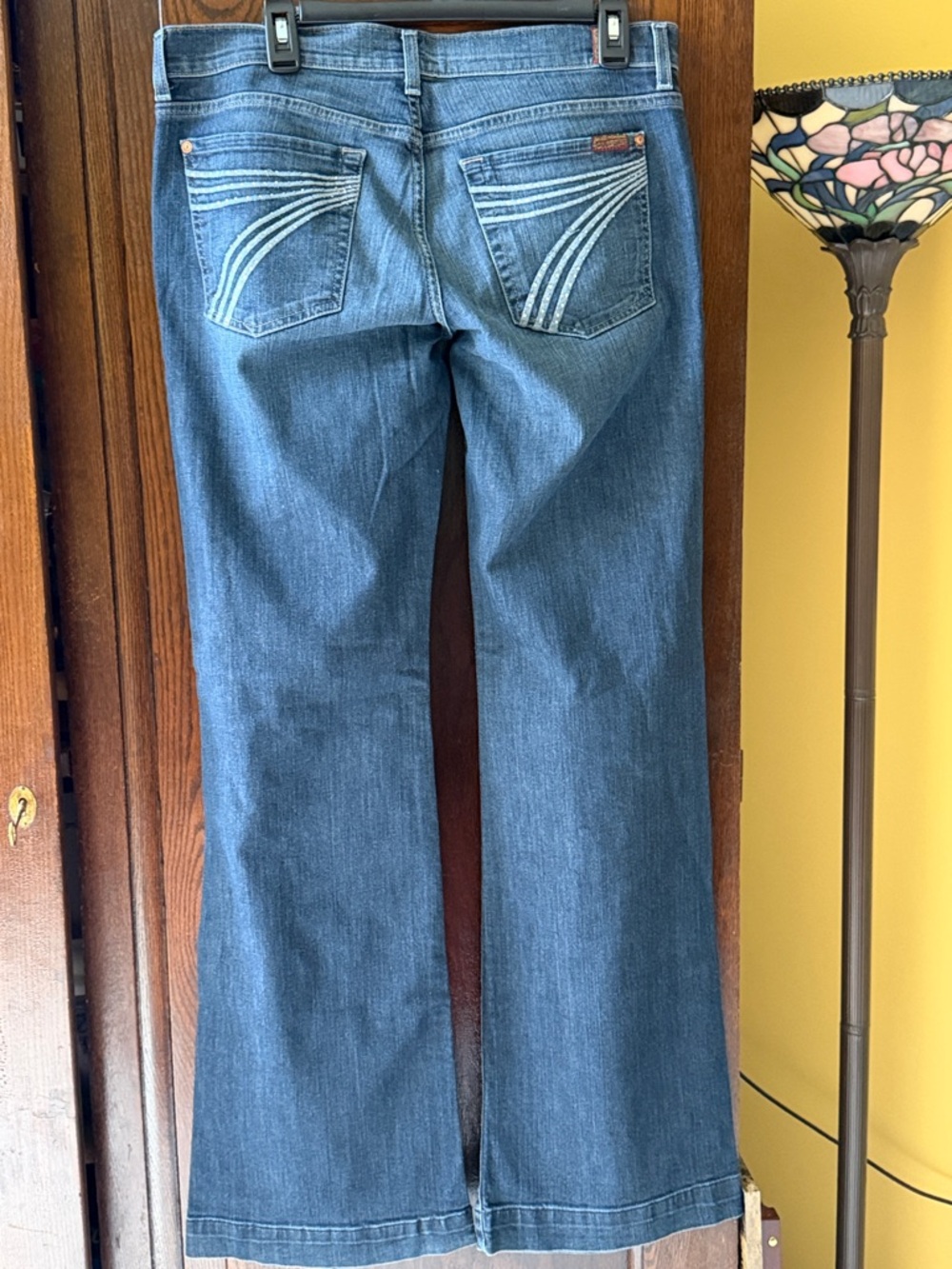 7 For All Mankind Blue Mid-rise Flare “dojo” Jeans with Crystal Pocket Stitching